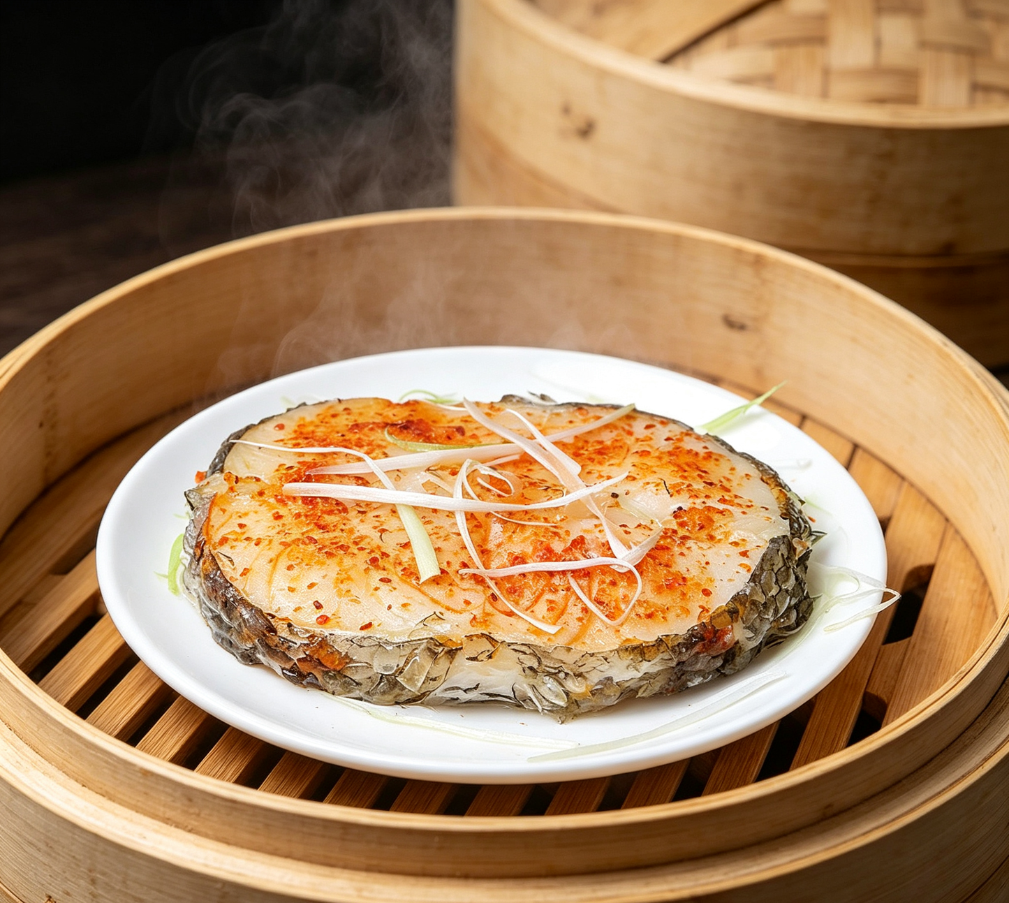 Delicious Steamed Fish Fillet with Chili and Ginger Garnish